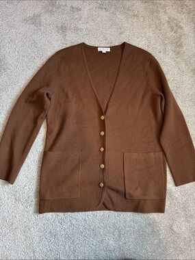 J. Crew Brown V-Neck Button Cardigan with Patch Pockets